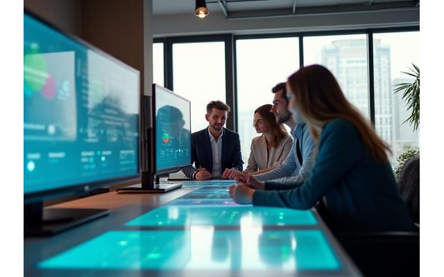 Сотрудники Строка Бухгалтера совместно работают в современном офисе
