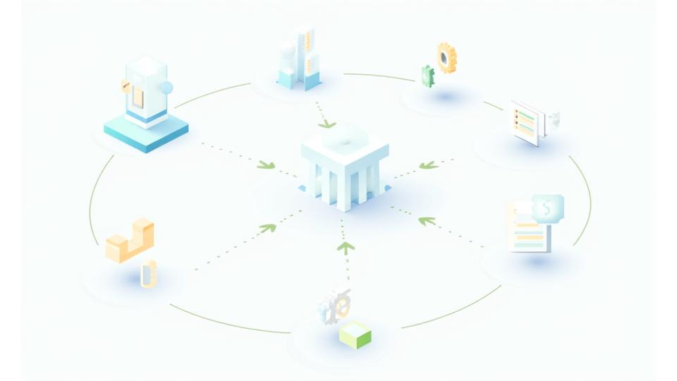 Инфографика, демонстрирующая различные иконки цифровых инструментов, соединенные линиями, символизирующая интеграцию и автоматизацию учета для малого бизнеса.